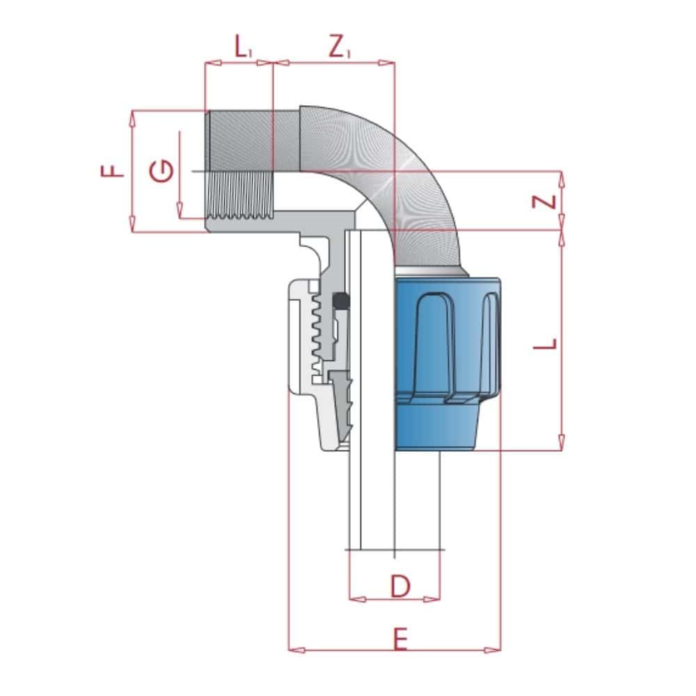 PP PE cijevni spoj 90° kut 20 x 1/2" IG-0