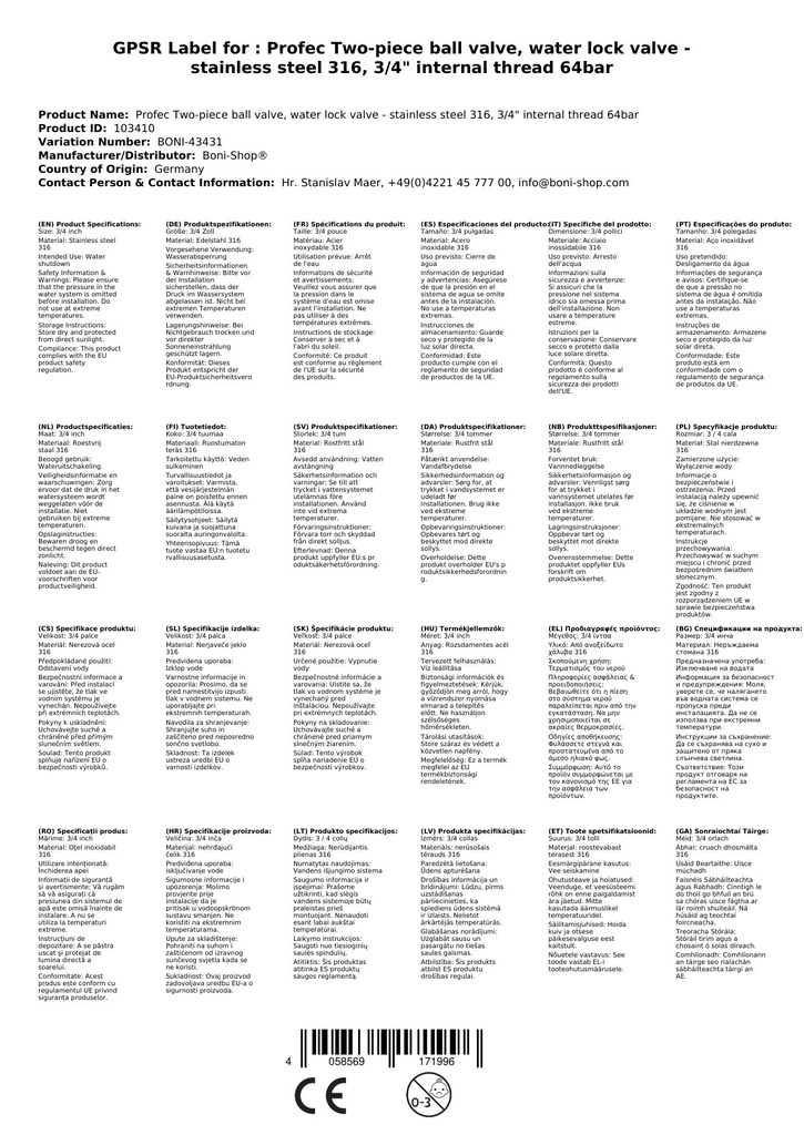 Profec dvodijelni kuglasti ventil, ventil za zatvaranje vode - nehrđajući čelik 316, 3/4" unutarnji navoj 64 bara-0