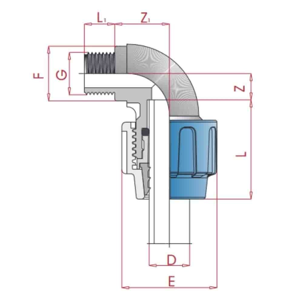 PP PE cijevni spoj 90° kut 40 x 1 1/2" AG-0