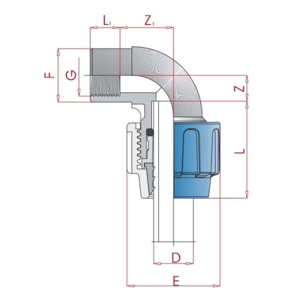 PP PE cijevni spoj 90° kut 40 x 1 1/4" IG-0