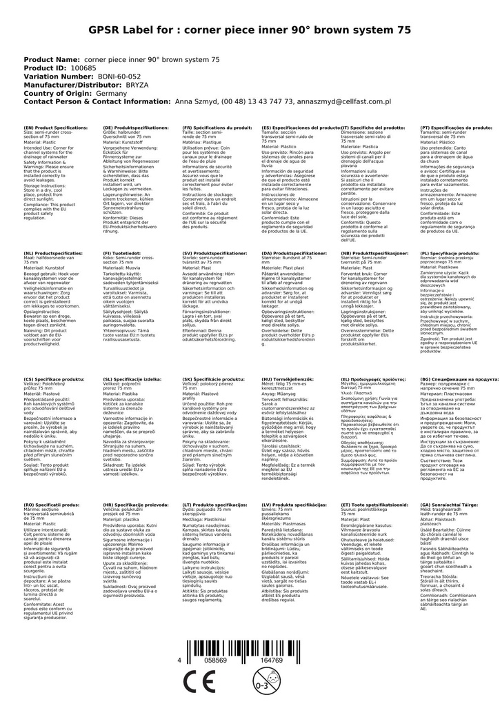 Kutni komad unutarnji 90° smeđi sustav 75-1