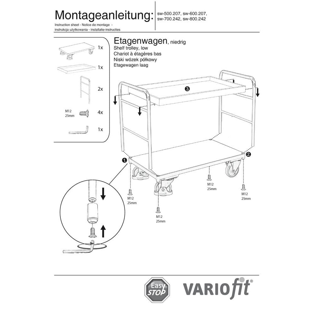 Kolica s 1 pladnjem + 1 policom 250 kg tip S + EasySTOP-1