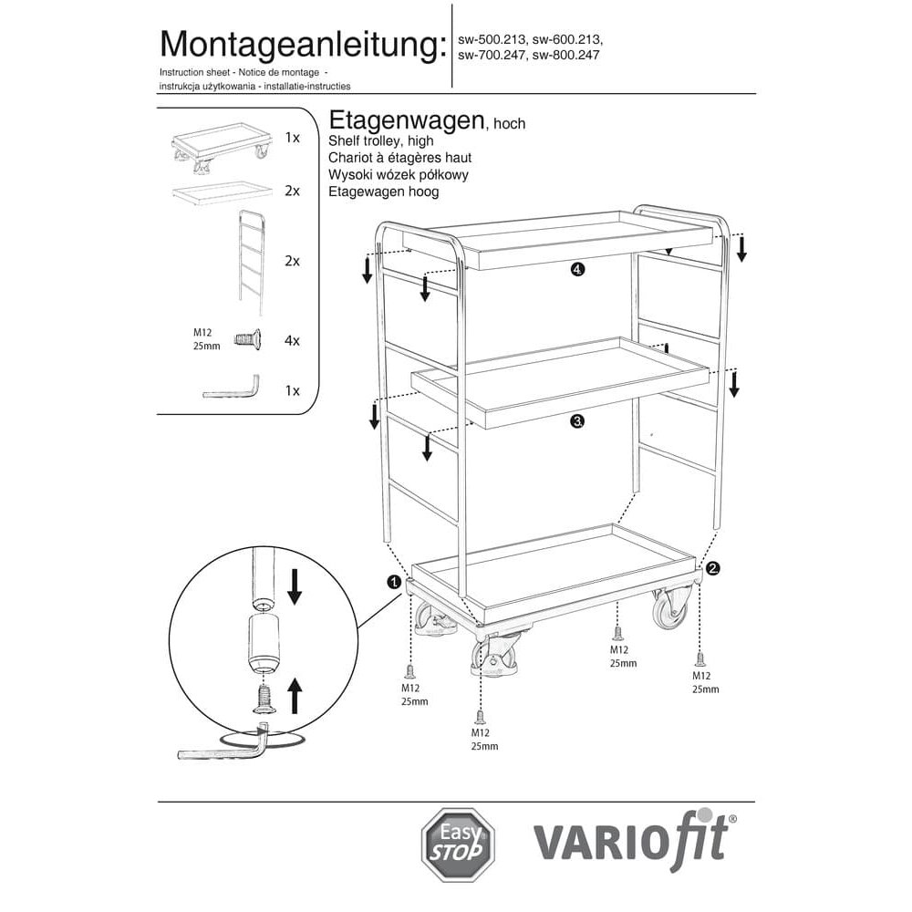 Visoki etažni vagon s 3 pladnja 250 kg nosivosti Tip S + EasySTOP-1