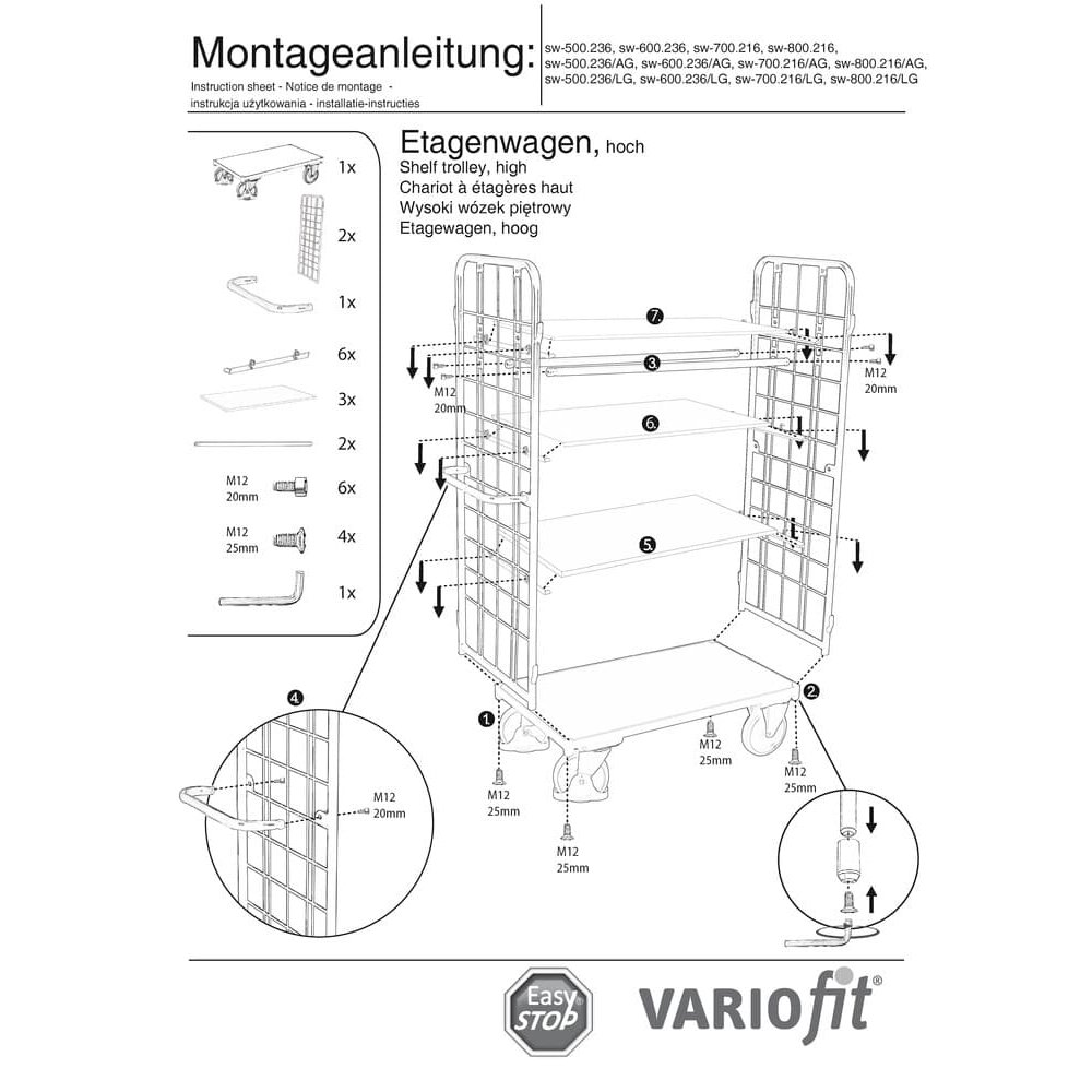 Paketni vagon visok s 2 rešetkasta zida + 4 police 400 kg nosivosti Tip S + EasySTOP-1