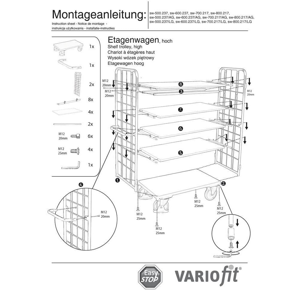 Visoki paketni vagon s 2 rešetkasta zida + 5 polica 400 kg nosivosti Tip S + EasySTOP-0