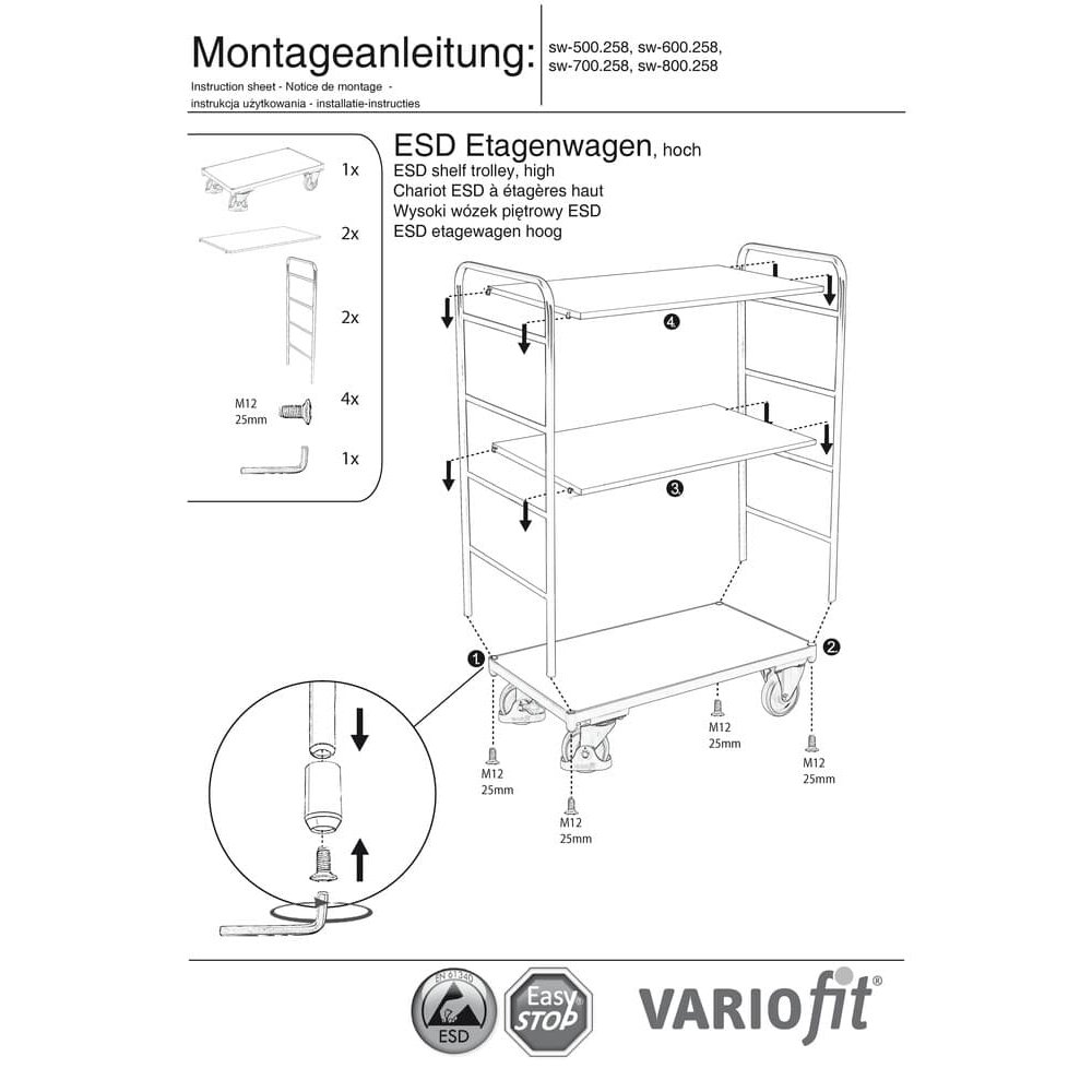 Visoki ESD kolica s 3 police tipa S + EasySTOP-0