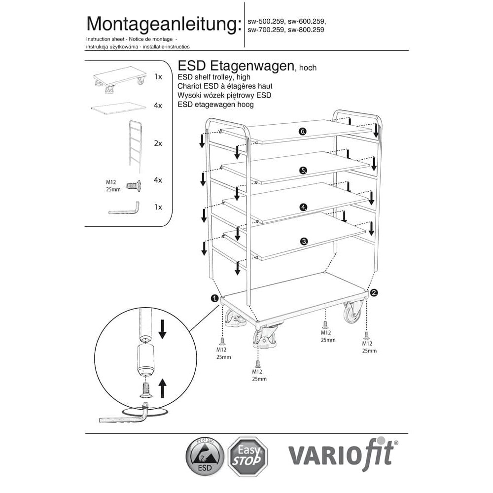 Visoki ESD kolica s 5 polica tip S + EasySTOP-0