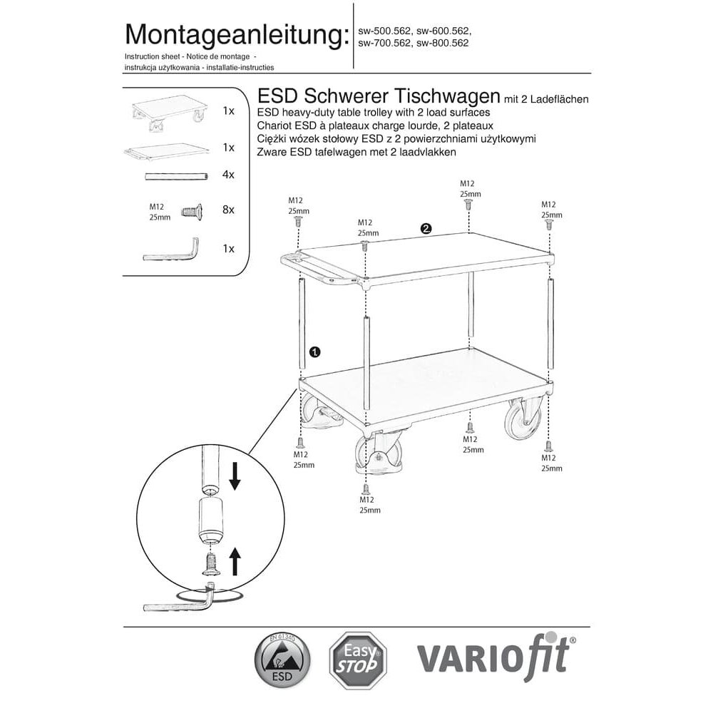 Teški ESD stolni vagon s 2 noseće površine Tip S + EasySTOP-0