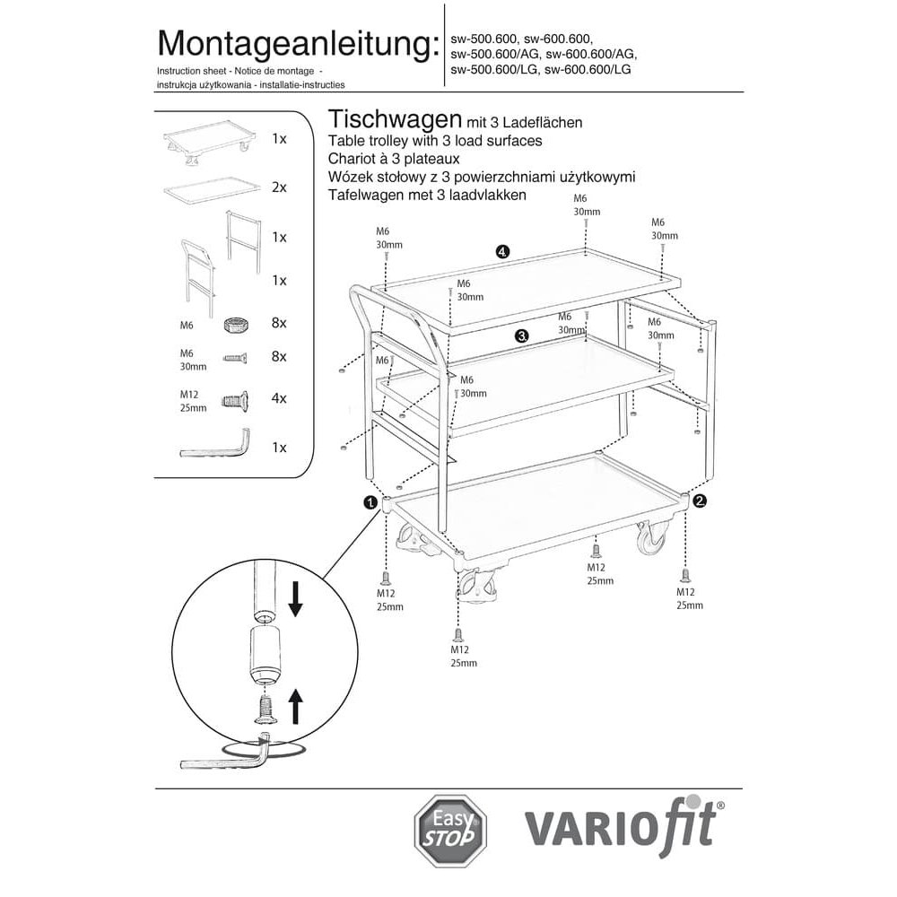 Kolica stola 250 kg s 3 površine za utovar visoka upravljačka ručka Tip M + EasySTOP-0