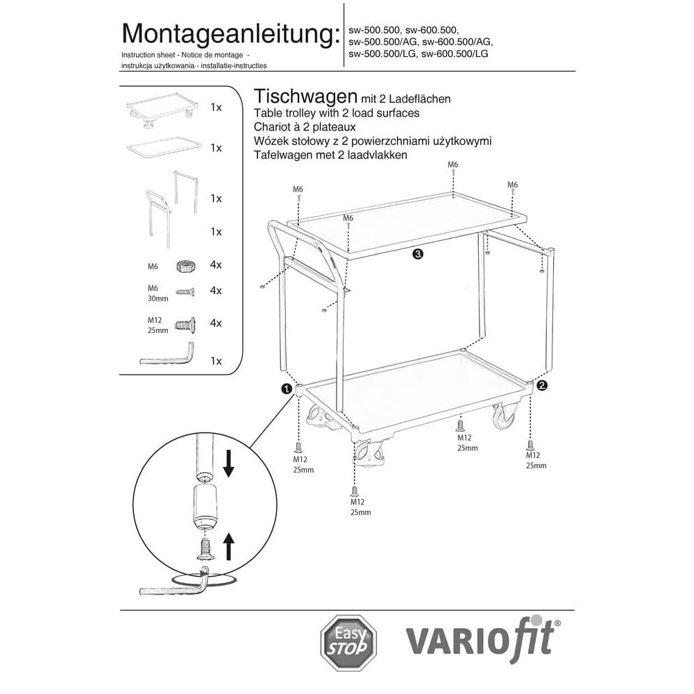 Kolica na stolu 250 kg s 2 površine za utovar visokim rukohvatom Tip L + EasySTOP-0