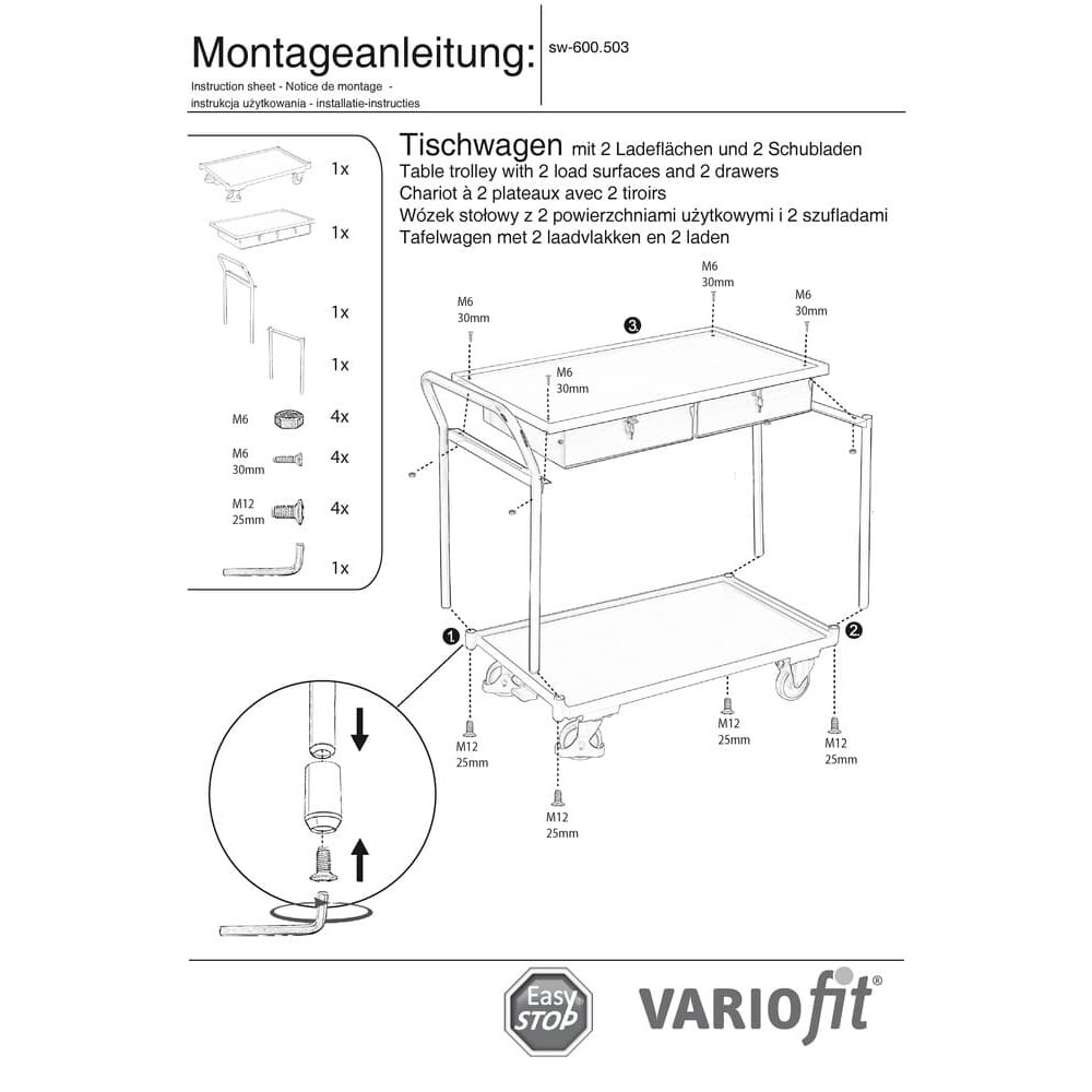 Stolni kolica 250 kg s 2 zaključene ladice visok klizni ručka + EasySTOP-0