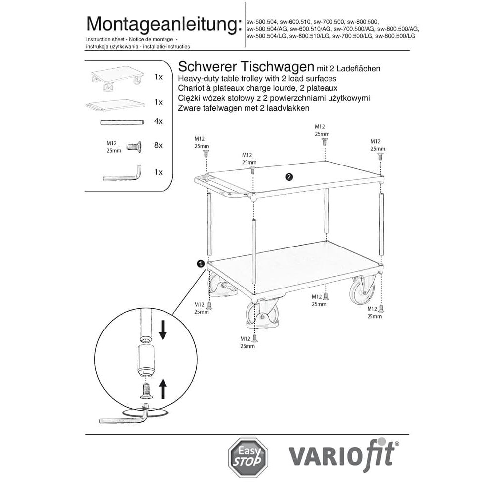 Teški stolni vagon 500 kg s 2 tovarne površine tipa M + EasySTOP-0