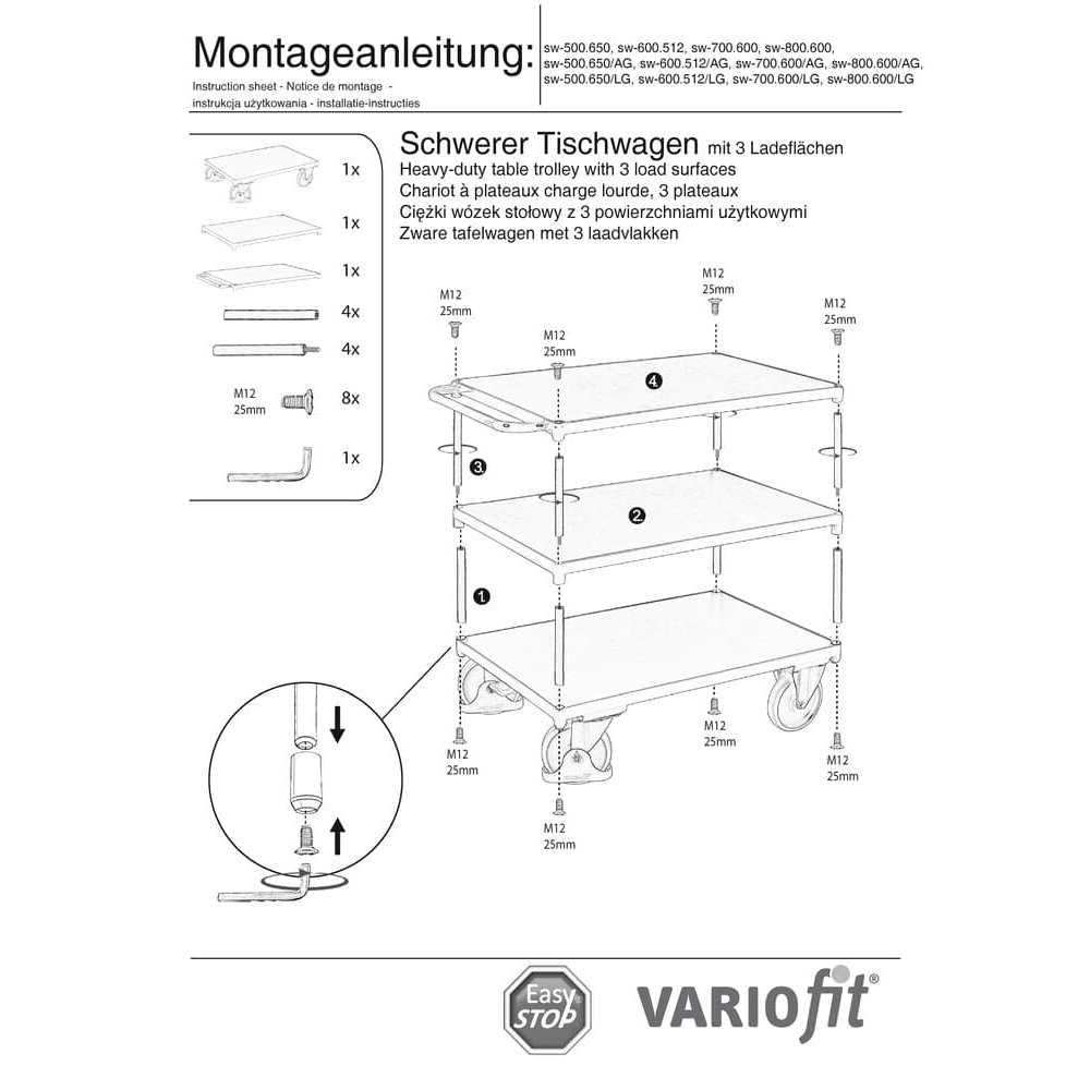 Teški stolni vagon 500 kg s 3 površine tip M + EasySTOP-0