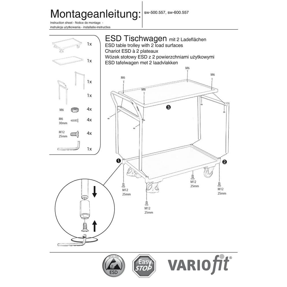 ESD kolica s 2 površine za utovar tipa L + EasySTOP-0