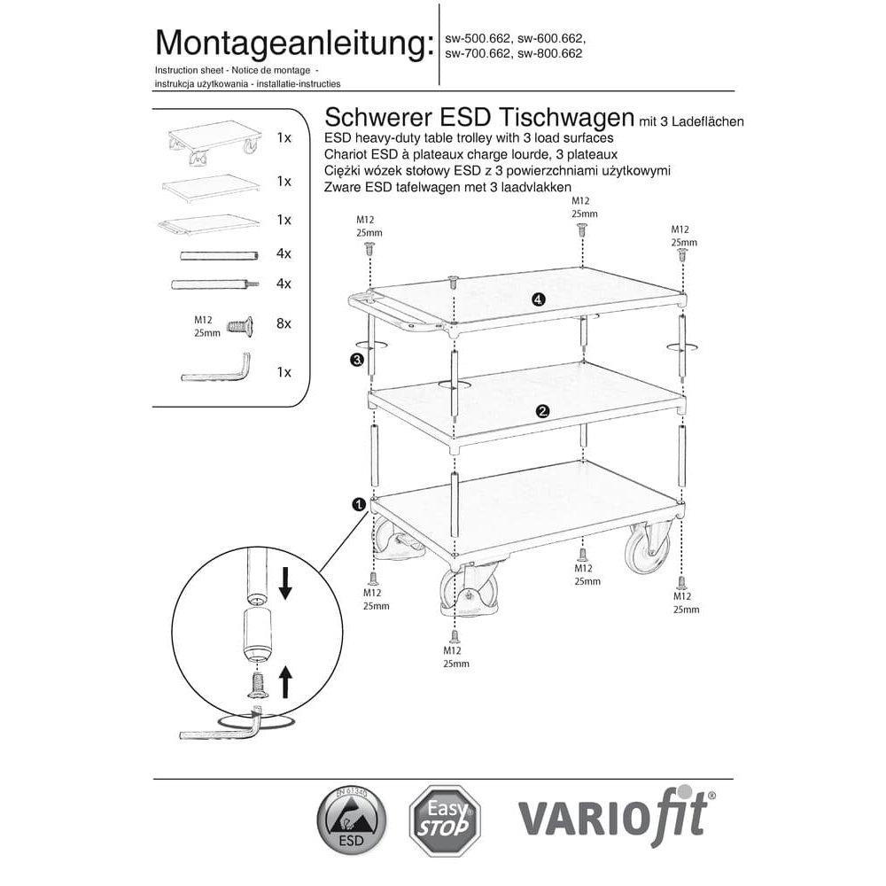 Teški ESD stolni vagon s 3 površine tipa M + EasySTOP-0