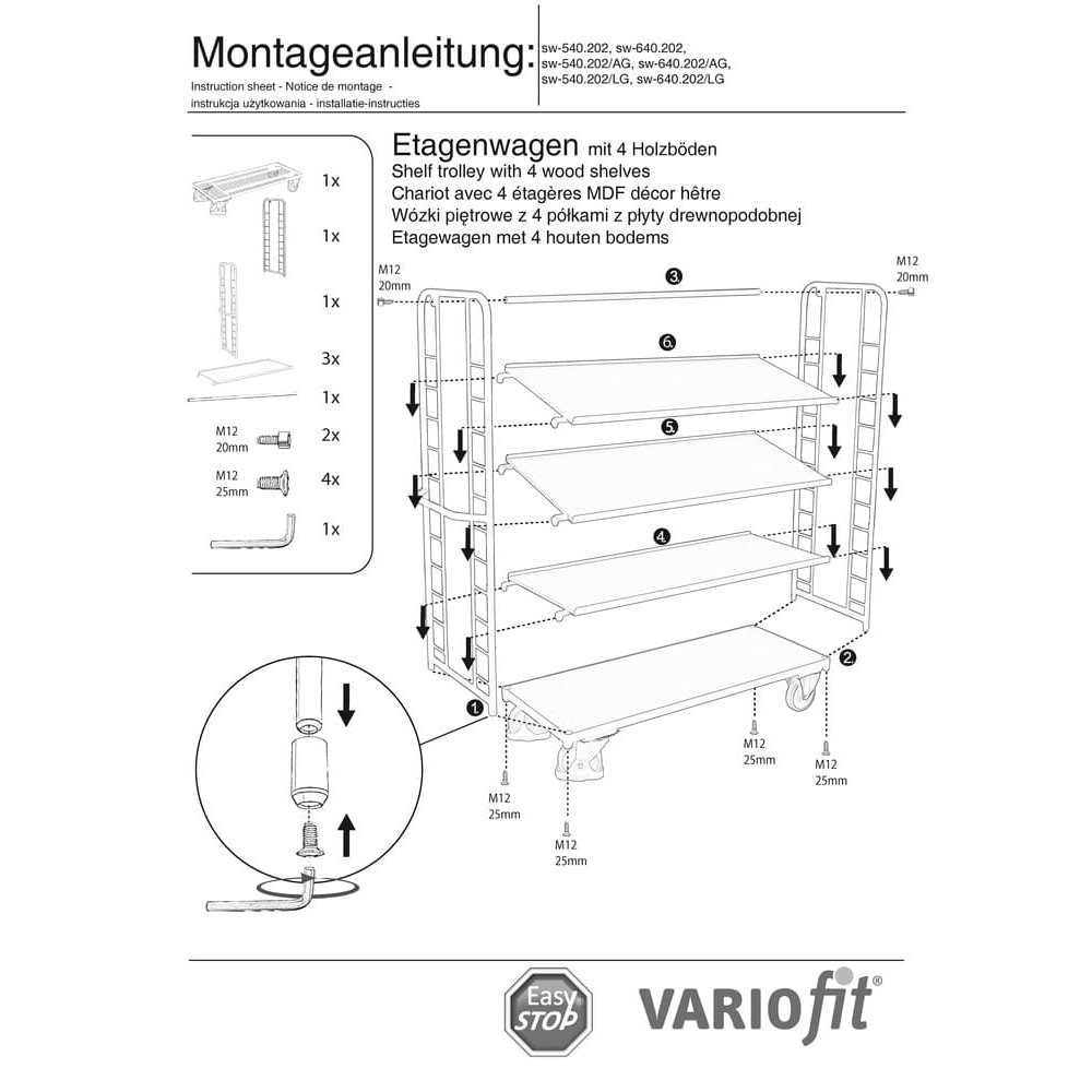 Kolica s policama s 4 razine 400 kg nosivosti Tip L + EasySTOP-0