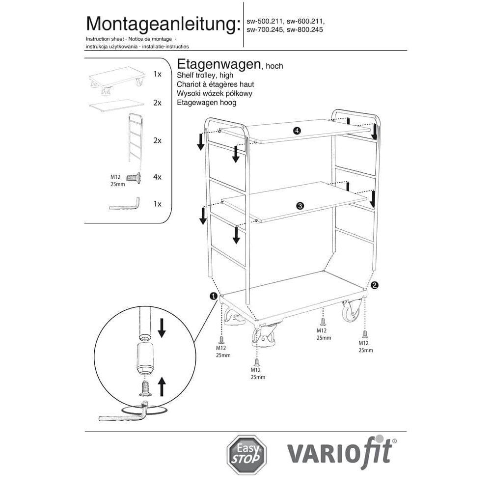 Kolica s više razina visoka 5 polica 250 kg nosivosti Tip L + EasySTOP-1