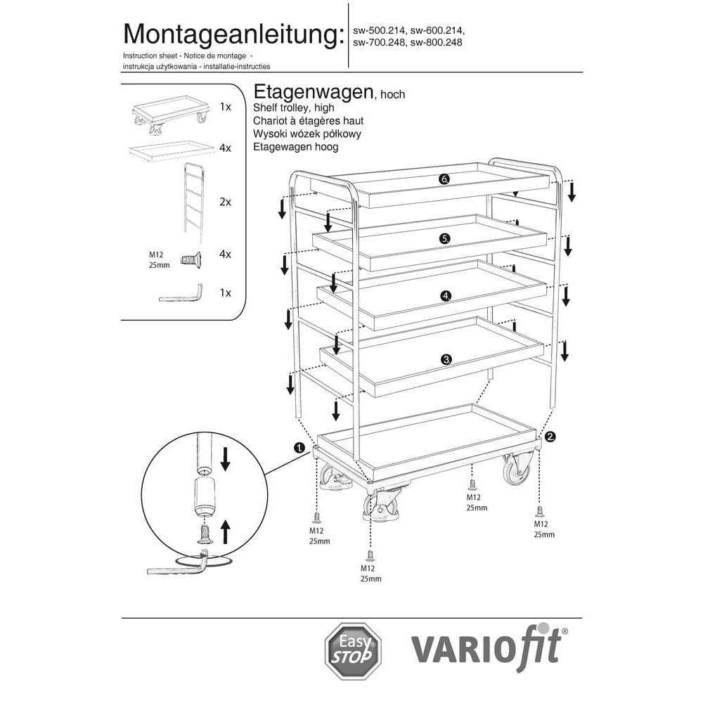 Visoki regalni kolica 5 pladnjeva 250 kg nosivosti Tip L + EasySTOP-1