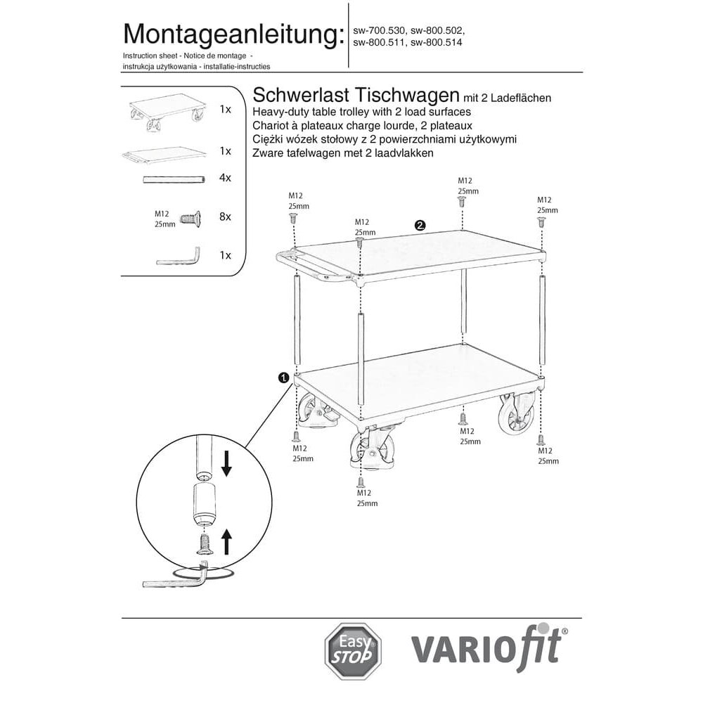 Teški stolni vagon 1000 kg s 2 teretne površine tip S + EasySTOP-0