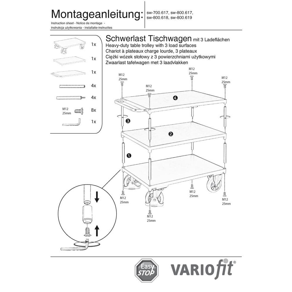 Teški stolni vagon 1000 kg s 3 platforme tipa S + EasySTOP-0