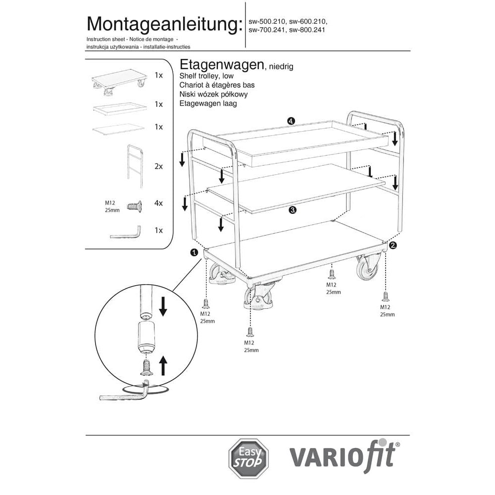 Etažni vagon s 1 pladnjem i 2 police 250 kg nosivosti tip XL + EasySTOP-1