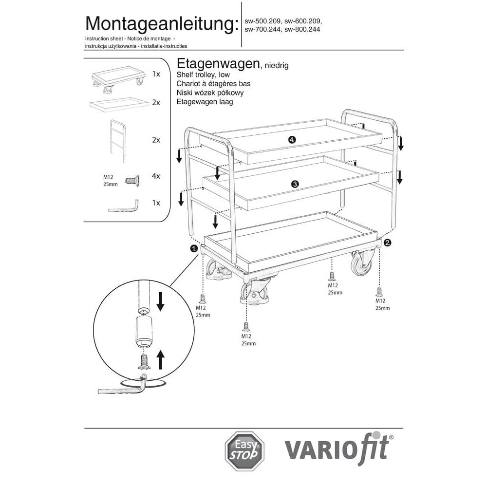 Kolica s policama s 3 pladnja nosivosti 250 kg tip XL + EasySTOP-0