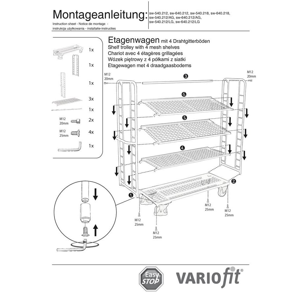 Kolica s 4 žičane police premazane prahom 250 kg Tip M + EasySTOP-1