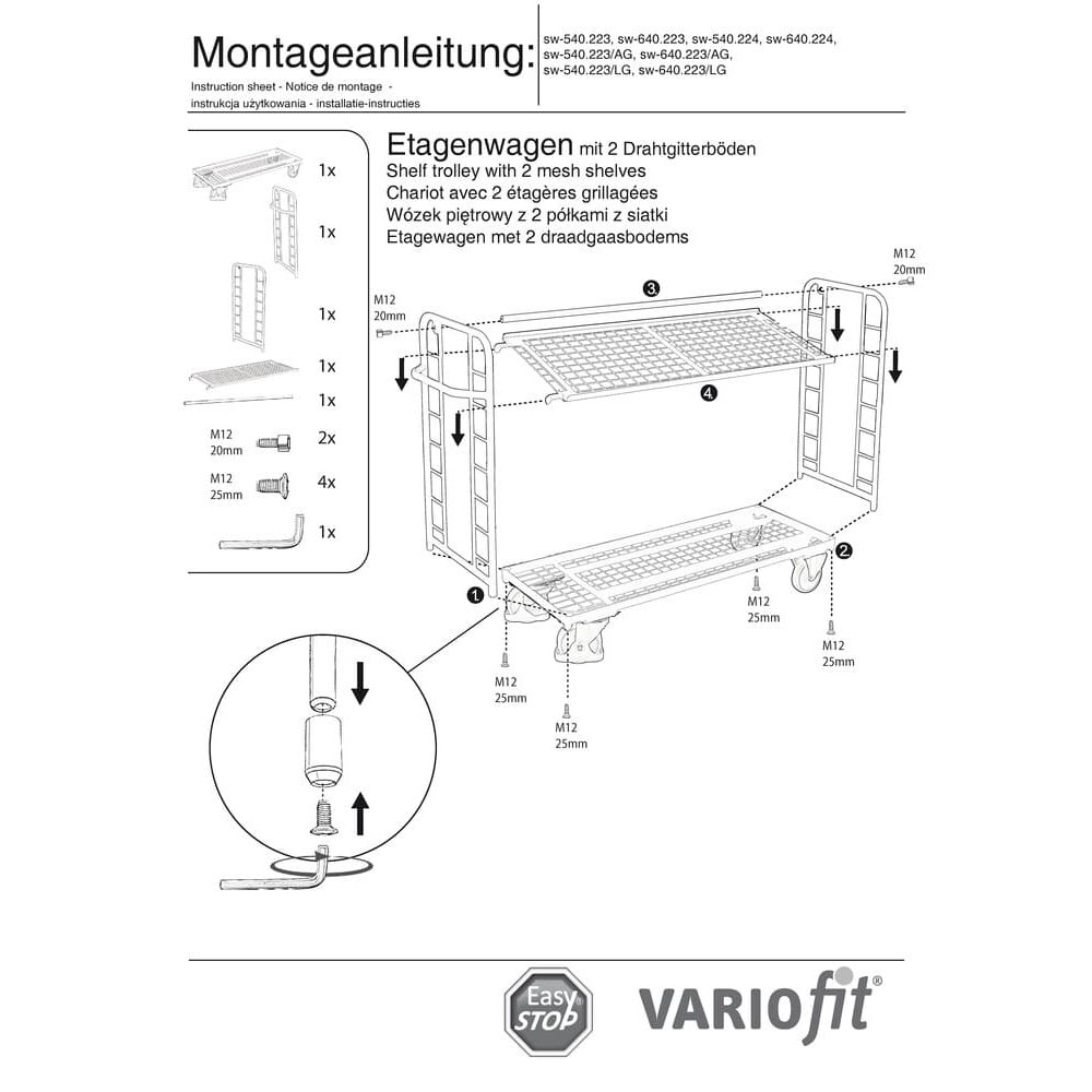 Kolica s 2 žičane police u prahu, nosivosti 250 kg, tip M + EasySTOP-0