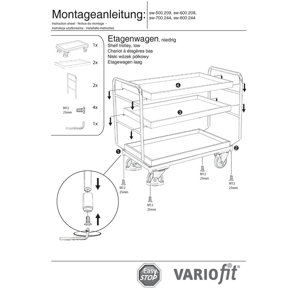 Kolica s 3 pladnja 250 kg tip M + EasySTOP-1