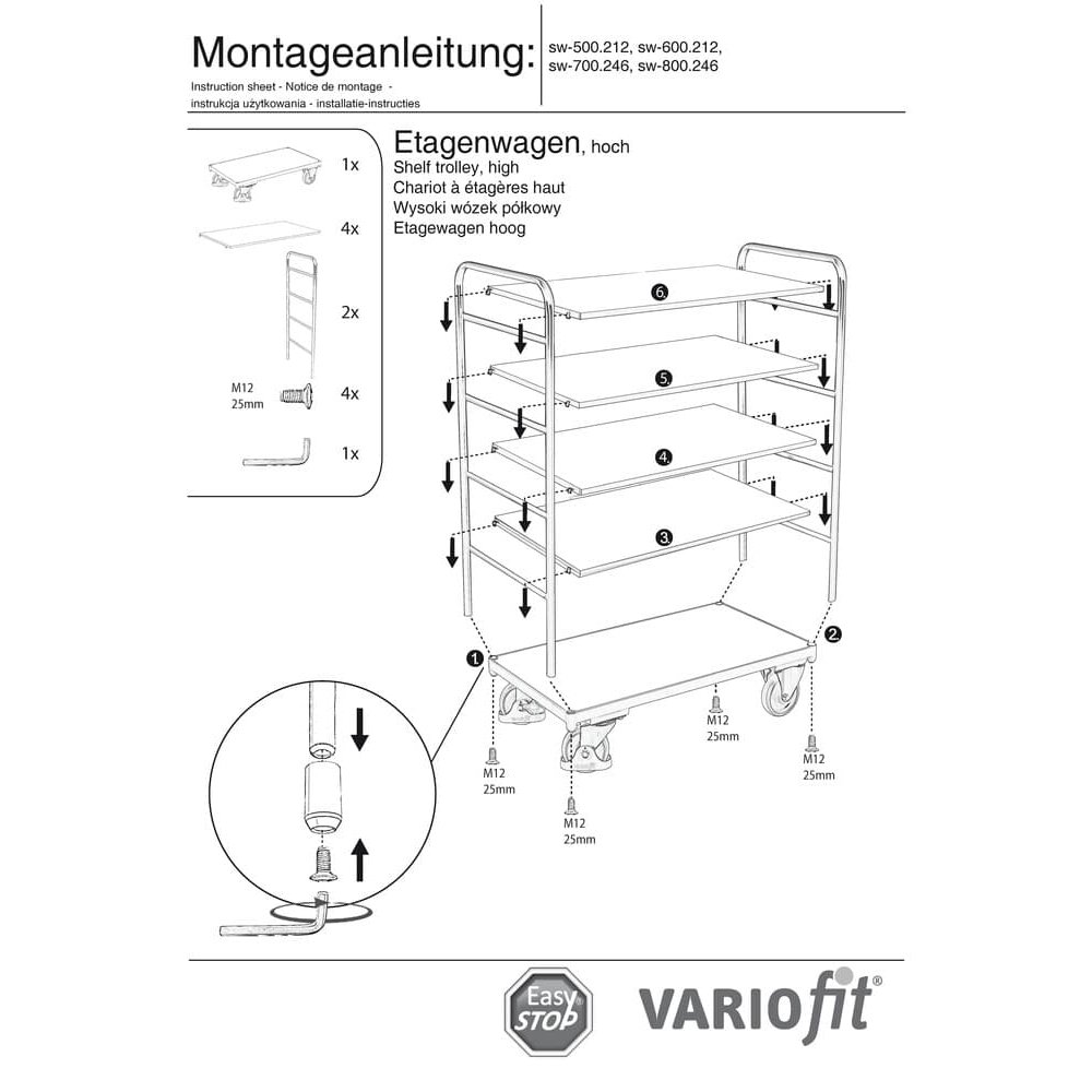 Visoki kolica s 5 polica nosivosti 250 kg tip M + EasySTOP-0