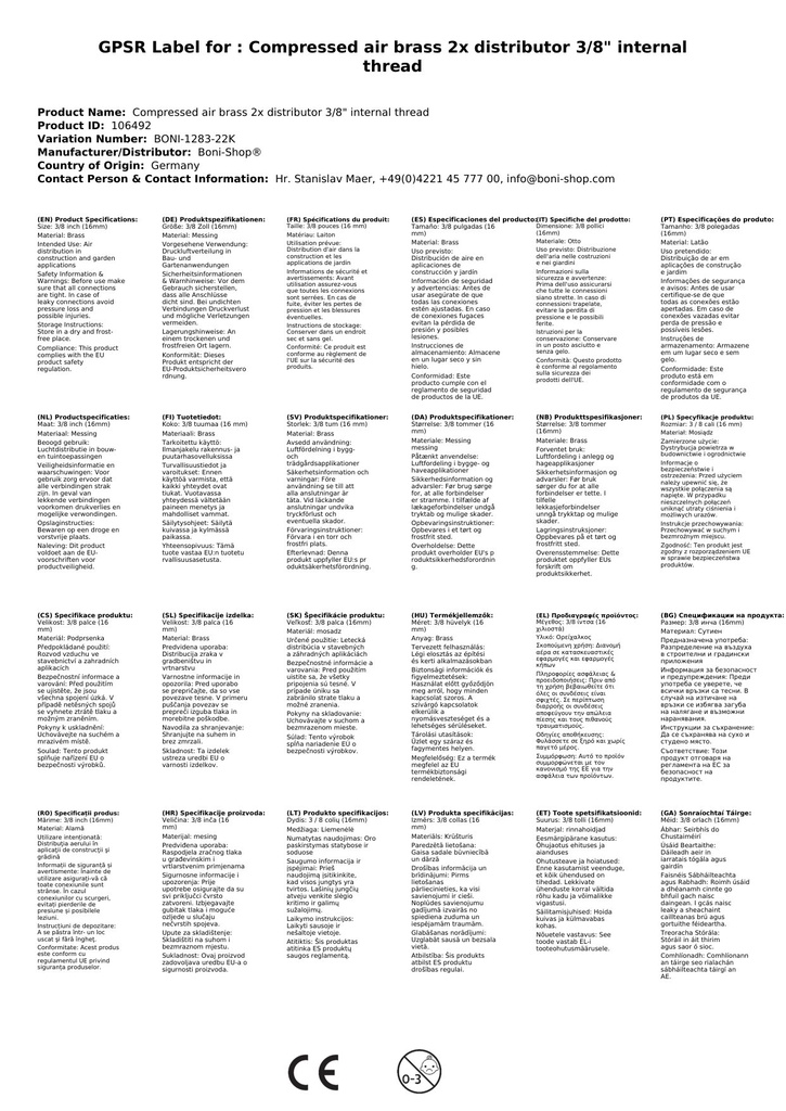 Distribucijski razdjelnik od mesinga za komprimirani zrak 2 puta 3/8" unutarnji navoj-0