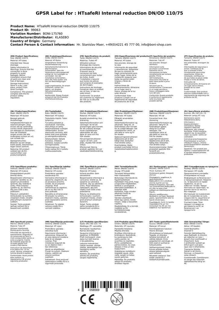 HTsafeRI Unutarnja redukcija DN/OD 110/75-2