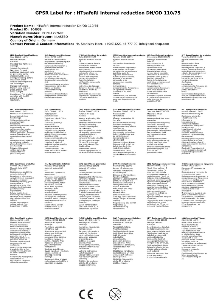 HTsafeRI Unutarnja redukcija DN/OD 110/75-2